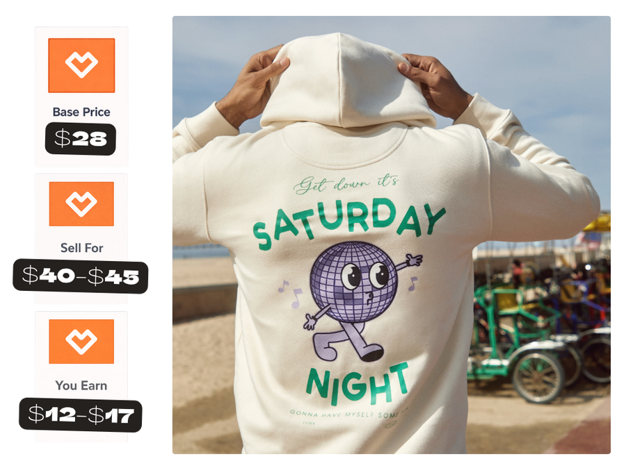 model wearing a hoodie with example of base price, sell price, and margin for product